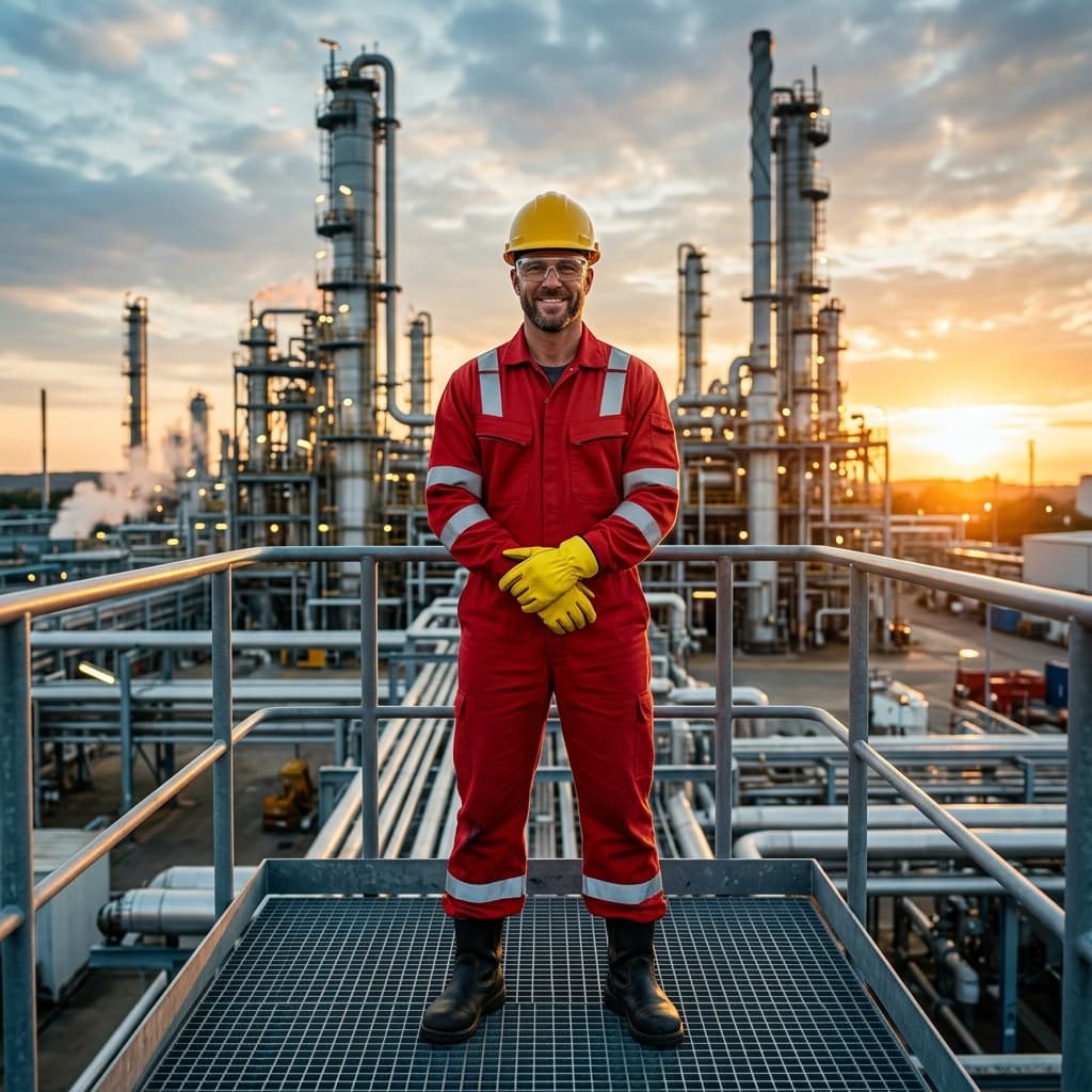 Trabajador equipado con casco, lentes, guantes y ropa de protección en un entorno industrial